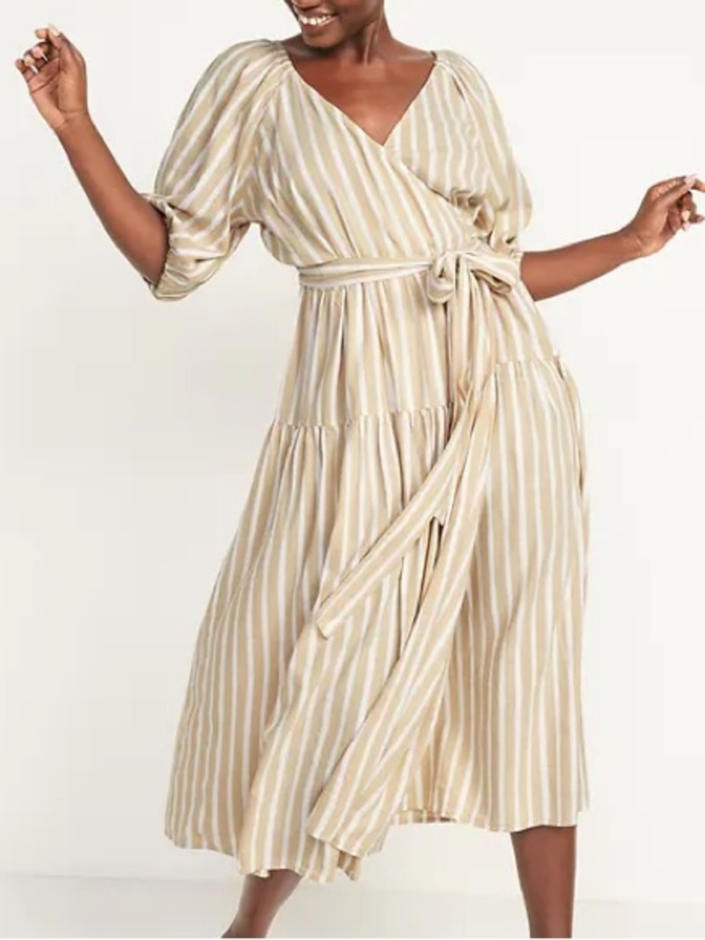 Old Navy Waist-Defined Striped Tie-Belt Midi Wrap Dress Size Medium Tan Beige